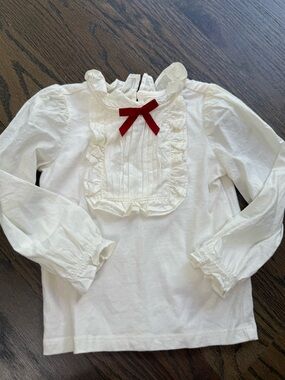 Janie and Jack Girls White Ruffle Front Long-Sleeve Top with Red Bow